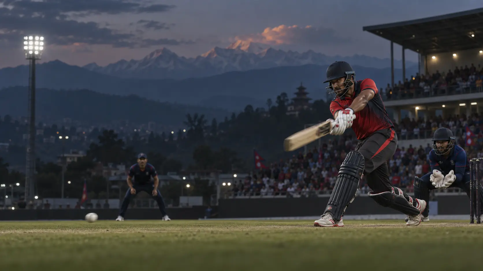 A Nepal cricket match under stadium lights